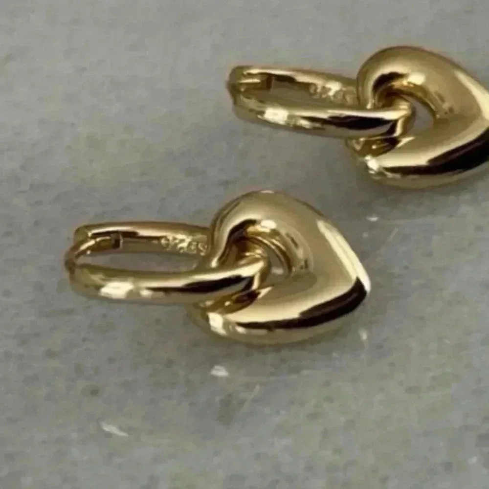 Gold Bubble Heart Charm Dangle Huggie Hoop Earrings - Picture 5 of 5